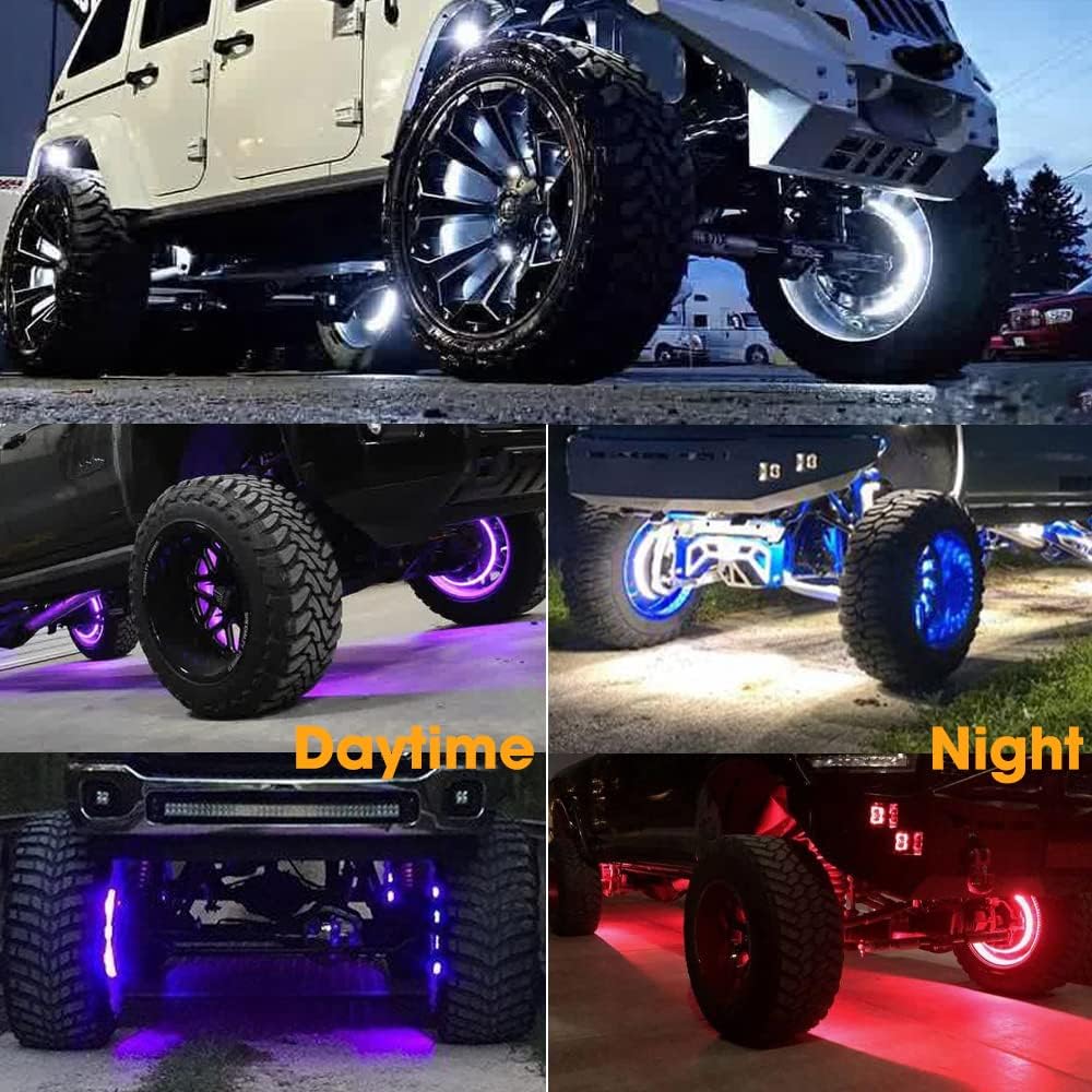 RGB Wheel Ring Lights 17'' Tire Lights Double Row Neon Rim Light with W/Turn Signal & Braking Function Can Controlled By Bluetooth Sync to Music