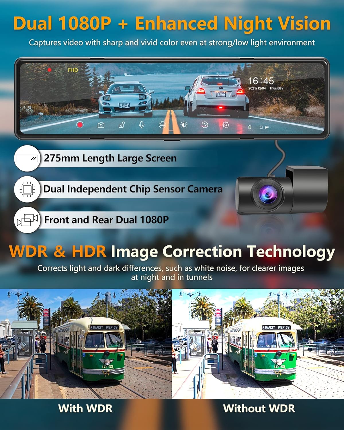 【Newest Detached】 Mirror Dash Cam with Detached Front Camera 11" Rear View Mirror Camera Front and Rear FHD 1080P Waterproof Backup Camera Full Touch