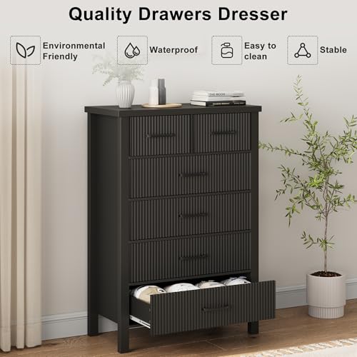 Fluted 6 Drawers Dresser for Bedroom, Tall Boho Chest of Drawers with Metal Handle, Wooden Closet Clothes Storage Organizer for Living Room