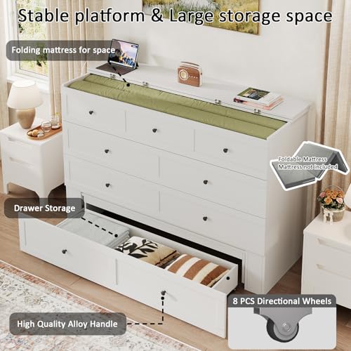 Queen Murphy Bed with Storage & Charging Station, Murphy Cabinet with Foldable Panel, Noisy Free, for Guest Bedroom, Living Room, Office