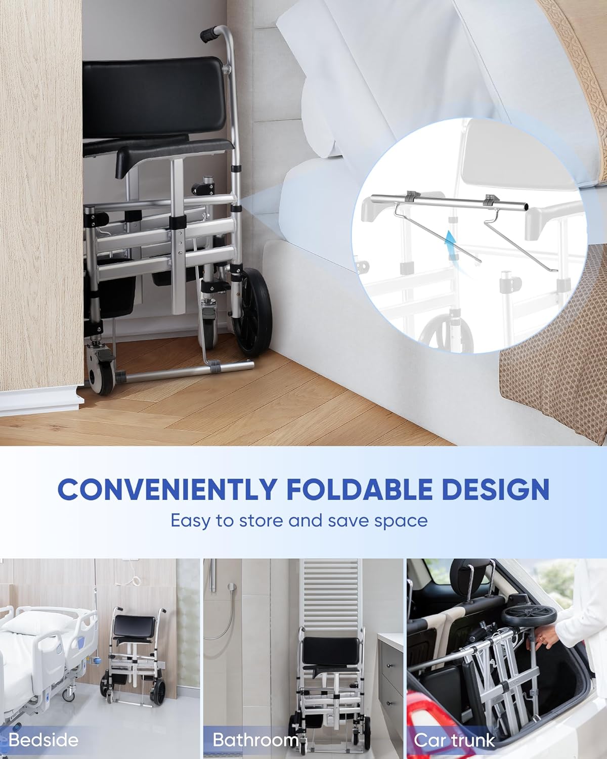 Shower Chair with Wheels, Hybodies Folding Shower Wheel, Transport Chair, Commode, Rolling Bath Chair for Handicap, Elderly & Injured