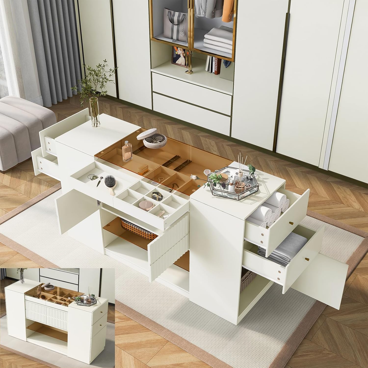 Wardrobe Armoire Bedroom Island with Glass Top, Closet Island with 6 Drawers, 3 Cabinets