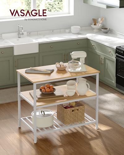 VASAGLE Kitchen Island with 3 Shelves, 47.2 Inches Width Kitchen Shelf with Large Worktop, Stable Steel Structure, Industrial, Easy to Assemble