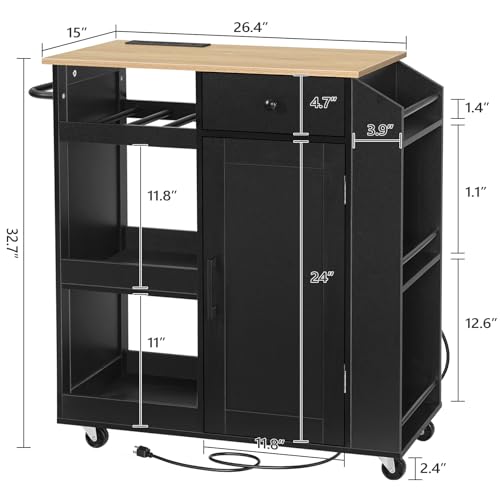 Kitchen Island with Power Outlet, Kitchen Storage Island with Drawer, Rolling Kitchen Cart on Wheels, Spice Rack, Towel Rack, Wine Rack