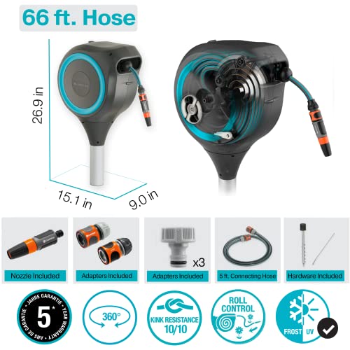 GARDENA (18604-80) 50' x 1/2" Automatic Retractable Garden Hose Reel for Outside Use on Metal Spike With Easy Swivel for Simple Watering of Gardens