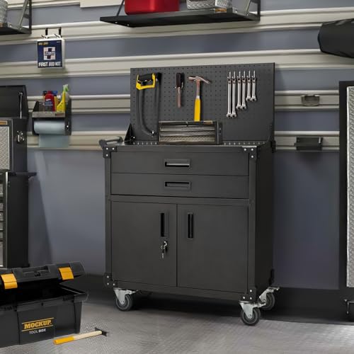 71" Metal Garage Storage Cabinet with Drawers and Wheels Rolling Tool Chest Cabinet with Pegboards
