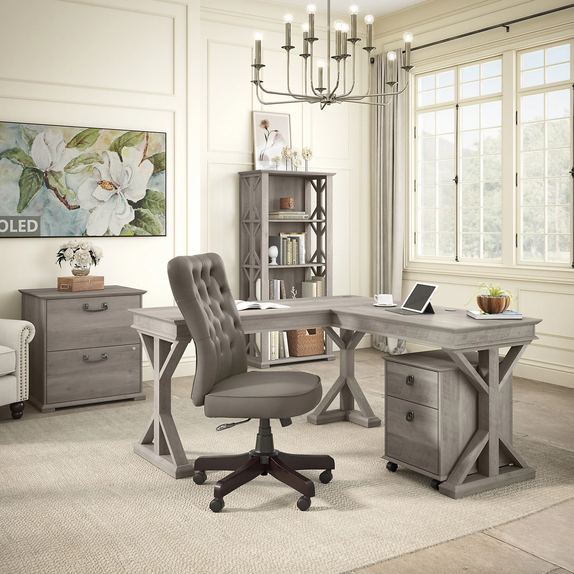 Homestead 60W Farmhouse L Shaped Desk in Linen White Oak - Engineered Wood