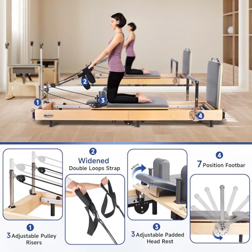 Extended Pilates Reformer, Foldable Wood Pilates Machine with Sitting Box, Jump Board and Anti-Slip Mat for Strength, Rehab & Flexibility