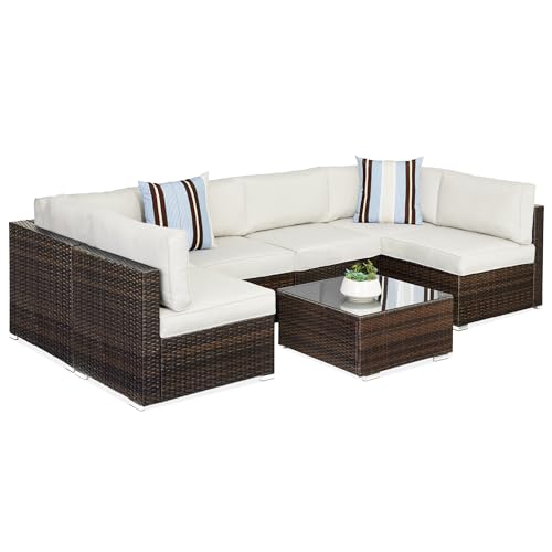 Best Choice Products 7-Piece Modular Outdoor Sectional Wicker Patio Conversation Set w/ 2 Pillows, Coffee Table, Cover Included - Gray/Navy