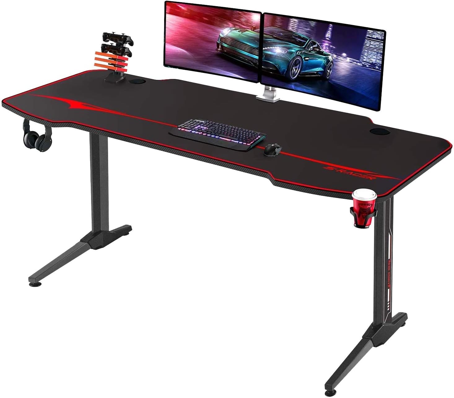 Homall Gaming Desk 55 Inch Computer Desk Racing Style Office Table Gamer Pc Workstation T Shaped Game Station with Free Mouse Pad, Gaming Handle Rack