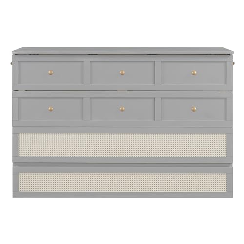Ball & Cast Queen Size Solid Pine Murphy Bed Chest,Cabinet Hideaway Bed with Charging Station and Large Storage Drawer,Wood Wall Bed can be Folded
