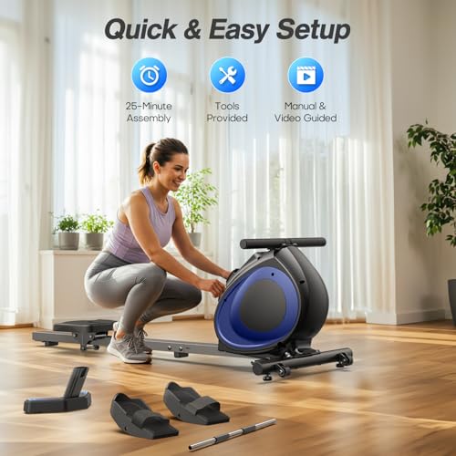 WELLFIT Rowing Machine for Home - Magnetic Rowing Machines 300lbs Capacity, Quiet Compact Smart Indoor Rower with Adjustable Resistance