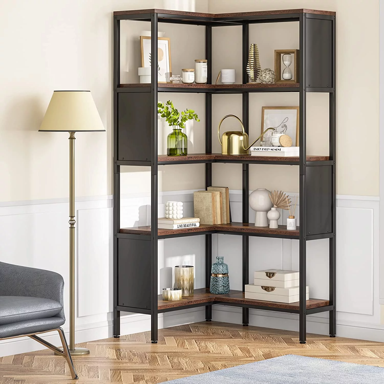 KHBIULIFE 5- Corner Bookshelf  Industrial 5-Tier L-Shaped Bookcase with Safety Baffles  Large Corner Book Shelves  Display Rack for Home Office