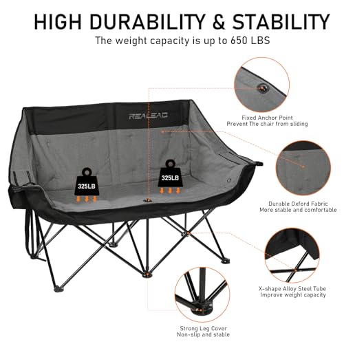 REALEAD Heated Double Camping Chair, 3 Heat Levels and 4 Heating Zones, Portable Heated Loveseat Chair for Outdoor Sports Support 650lbs