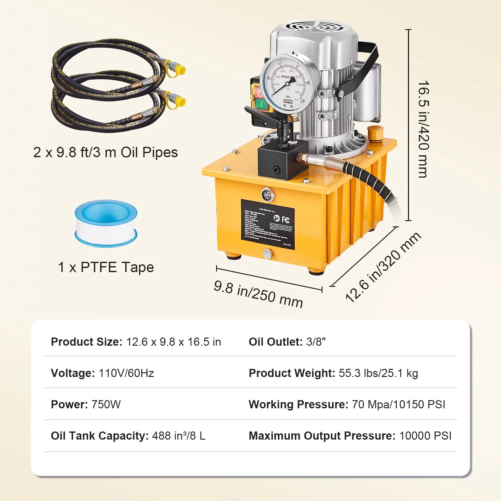 BENTISM Electric Hydraulic Pump Single Acting Oil Pump 10000 PSI 8L Manual Valve