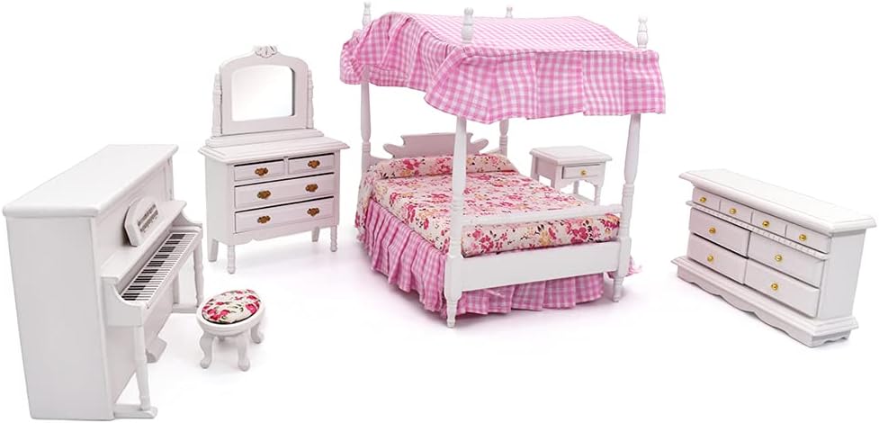 iLAND Dollhouse Furniture of Miniatures Pink Dollhouse Bedroom on 1/12 Scale for Girls, Dollhouse Bed w/ Piano (Sweet Doll Furniture 6pcs)