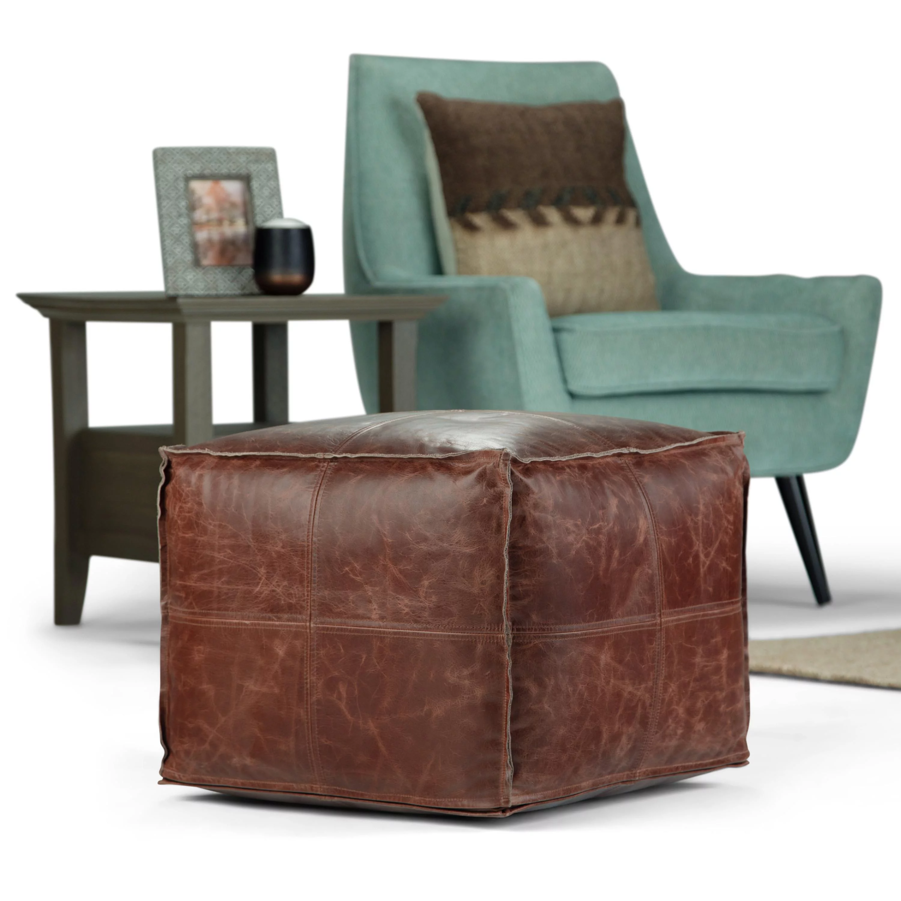 Sheffield Boho Square Pouf in Brown Genuine Leather