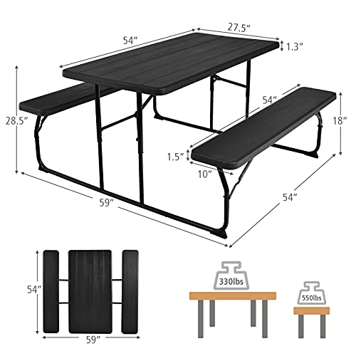 GYMAX Picnic Table, 550 LBS Folding Picnic Tables with Benches & Seats, Weather-Resistant Easy Setup Portable Picnic Table