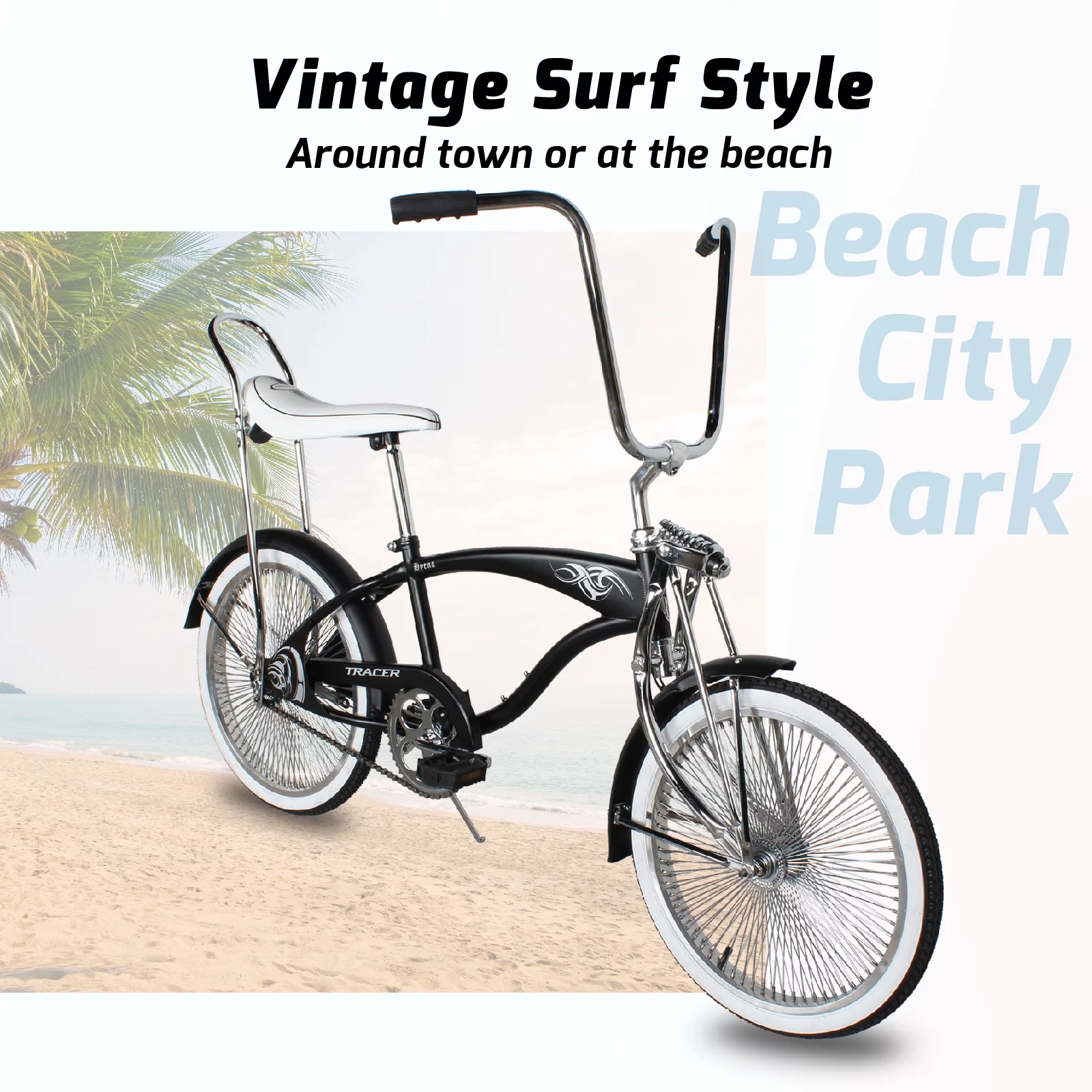 Tracer Hyena Classic Beach Cruiser Bike, City Bike, Lowrider Springer Fork Bike Retro Banana Seat,High Rise Handlebar, Coaster Brakes, 20 inch Wheels