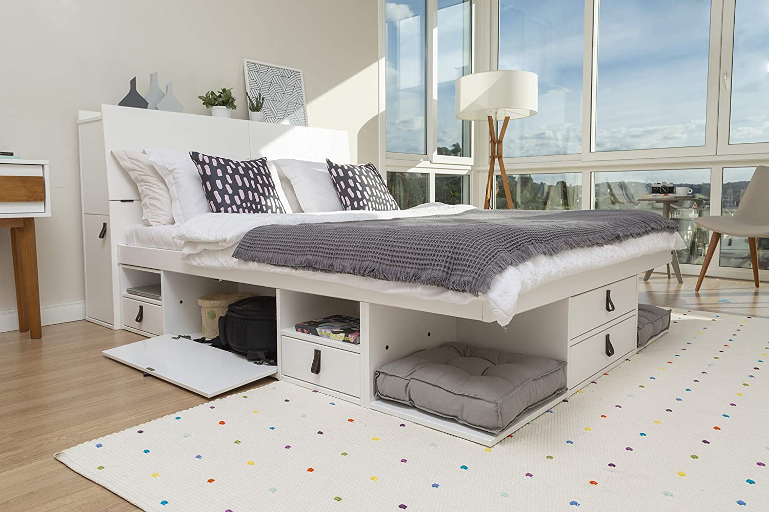 Memomad Set Bali White: Storage Bed Super King 6FT (180x200 cm) + Headboard 205 + Slatted Frame. Sturdy double bed frame and headboard with drawers