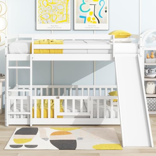 Bunk Beds Twin Over Full Size, Pine Solid Wooden Bunk Bed with Slide, Storage Staircase, Safety Guardrails for Kids, White