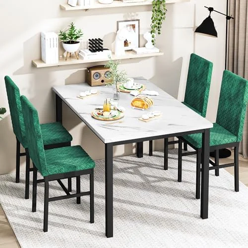 RUNFAYBIU Dining Table Set for 4 Kitchen Table and Chairs Set of 4 Faux Marble Dining Room Table Set Dinner Table with 4 Velvet Upholstered Dining