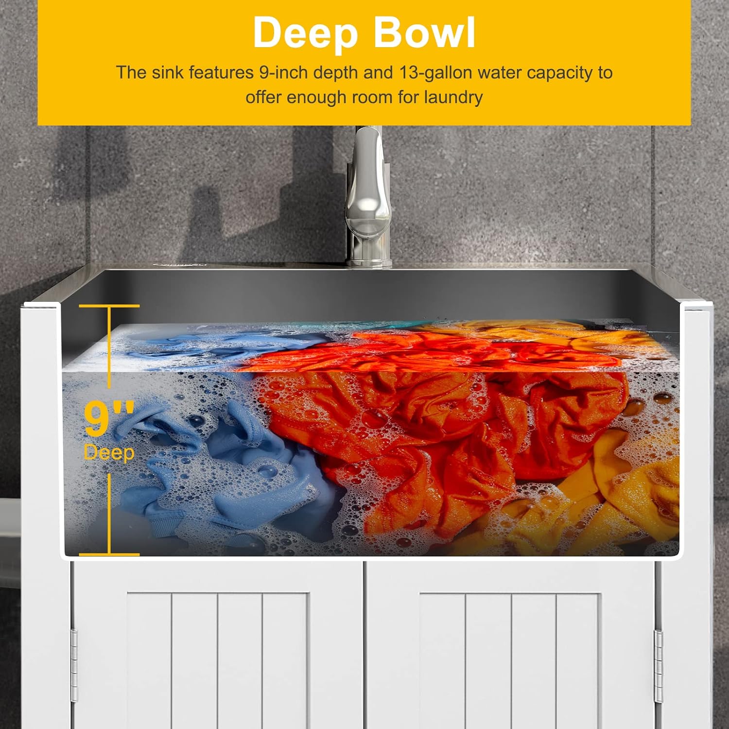 VINGLI 24-Inch Laundry Sink with Cabinet Stainless Steel Sink Faucet White Cabinet Combo for Laundry Room, Bathroom and Kitchen