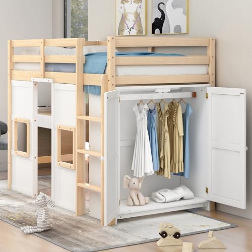 Full Size Loft Bed with L-Shaped Desk, Wardrobe and Storage Shelves, Solid Wood Bedframe w/Safety Guardrails & Ladder for Kids Teens Adults