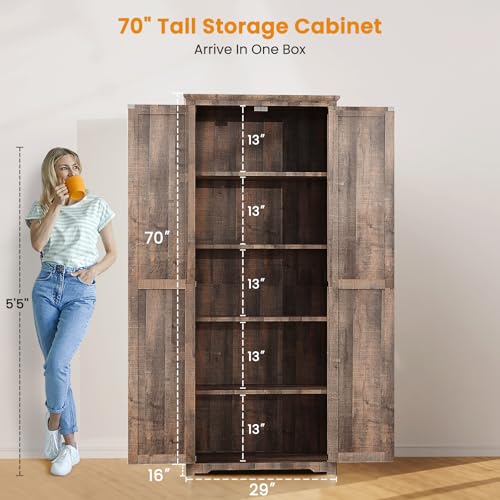 72" Tall Farmhouse Kitchen Pantry Cabinet, Large Storage Cabinet with 6 Adjustable Shelves, 4 Barn Doors & Drawer for Bathroom, Dining Room, Brown