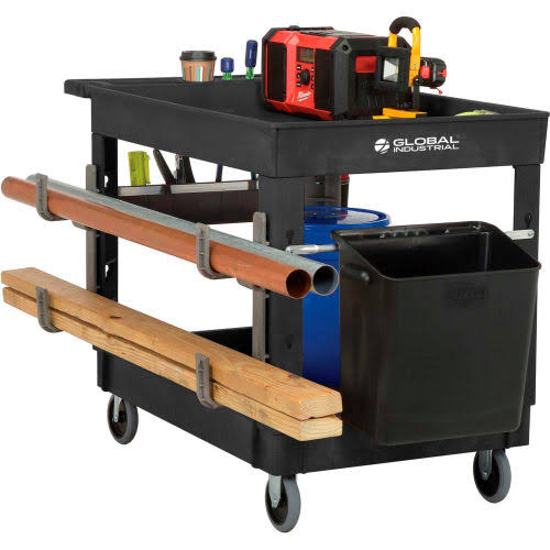 Industrial Service u0026 Utility Cart, Plastic 2 Tray Black Shelf, 44 x 25-1/2, 5 inch Rubber Casters 800334