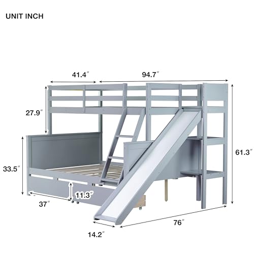Bunk Beds Twin Over Full Size, Pine Solid Wooden Bunk Bed with Slide, Storage Staircase, Safety Guardrails for Kids, White