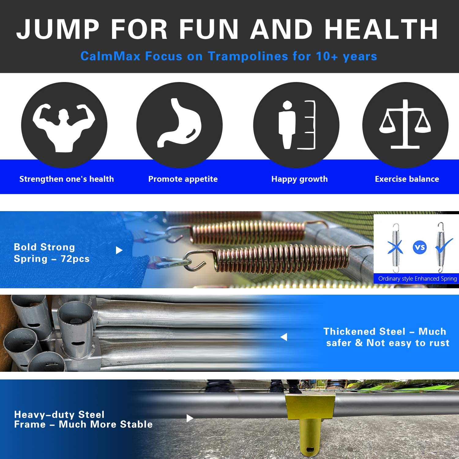 CalmMax Trampoline 12FT Jump Recreational Trampolines with Enclosure Net &ndash; ASTM Approved &ndash