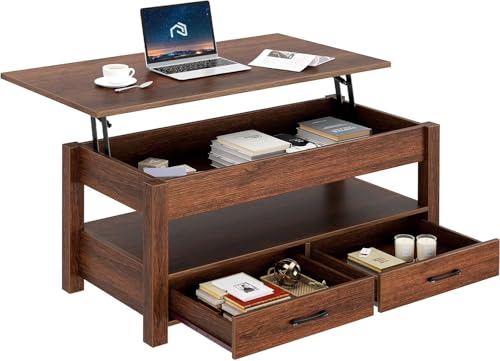 Rolanstar Coffee Table, Lift Top Coffee Table with Drawers and Hidden Compartment, Retro Central Table with Wooden Lift Tabletop, for Living Room