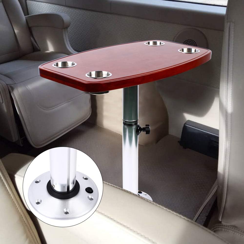 Boat Table, Varnished Removable Marine Table with 4 Cup Holders and Pedestal Base Mount Height Adjustable for Caravan RV Marine Boat