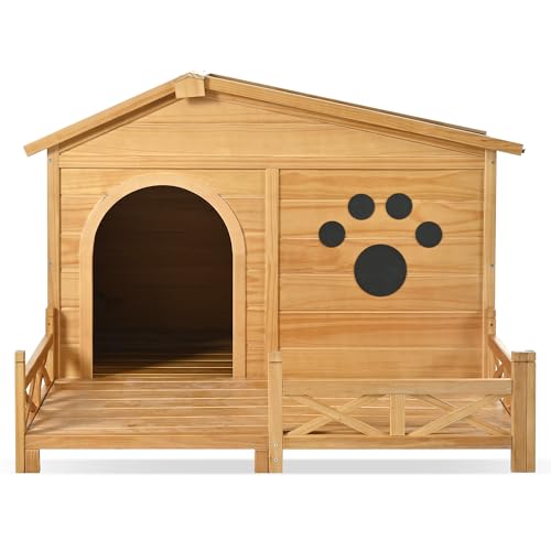 Outdoor Wooden Dog House,Waterproof Kennel with Deck and Sloped Roof,High Stability Pet Dog Cage for Small/Medium Puppy