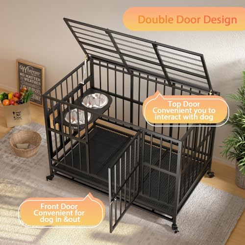 LOVMOR 48" Heavy-Duty Dog Crate with Wheels, Air-Lift Top, Dual 360° Adjustable Bowls – Ideal for Large Dogs