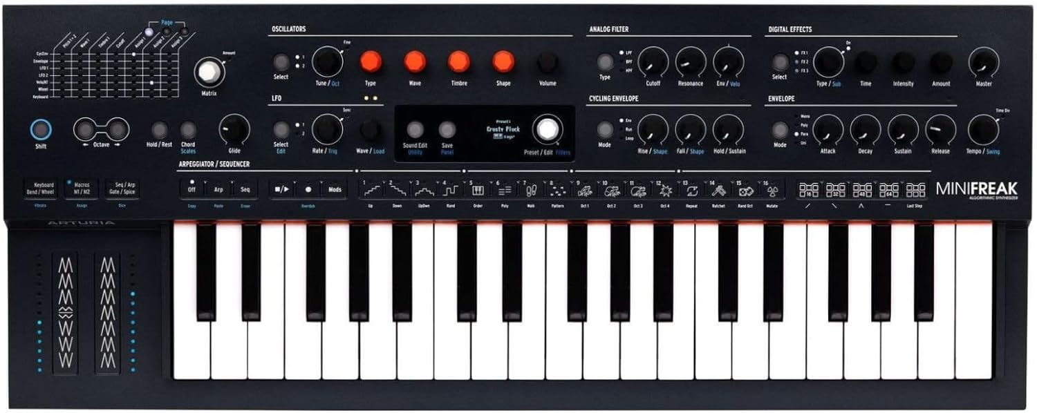 Arturia MiniFreak 37-Key Hybrid Synthesizer Bundle with Closed-Back Headphones, Sustain Pedal, MIDI and 1/4" TRS Cables (7 Items)