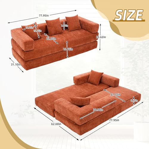 Convertible Sleeper Sofa Bed with Cylindrical Pillow, Corduroy Folding Mattress Couch with Fixed-Shape Frame