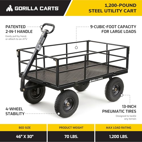 Gorilla Carts Steel Utility Wagon w/ Removable Side Panels, 1000 lb Capacity, Gray