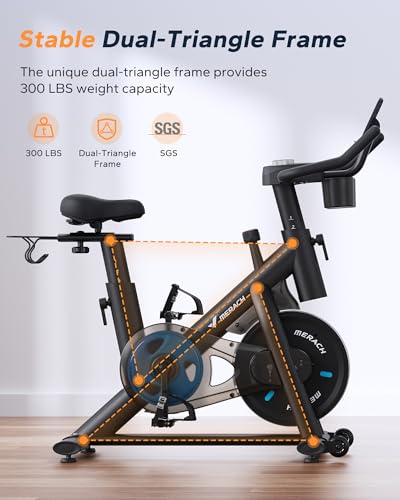 MERACH Exercise Bike, Brake Pad Stationary Bike with Exclusive App, Low Noise Indoor Cycling Bike with 300lbs Weight Capacity