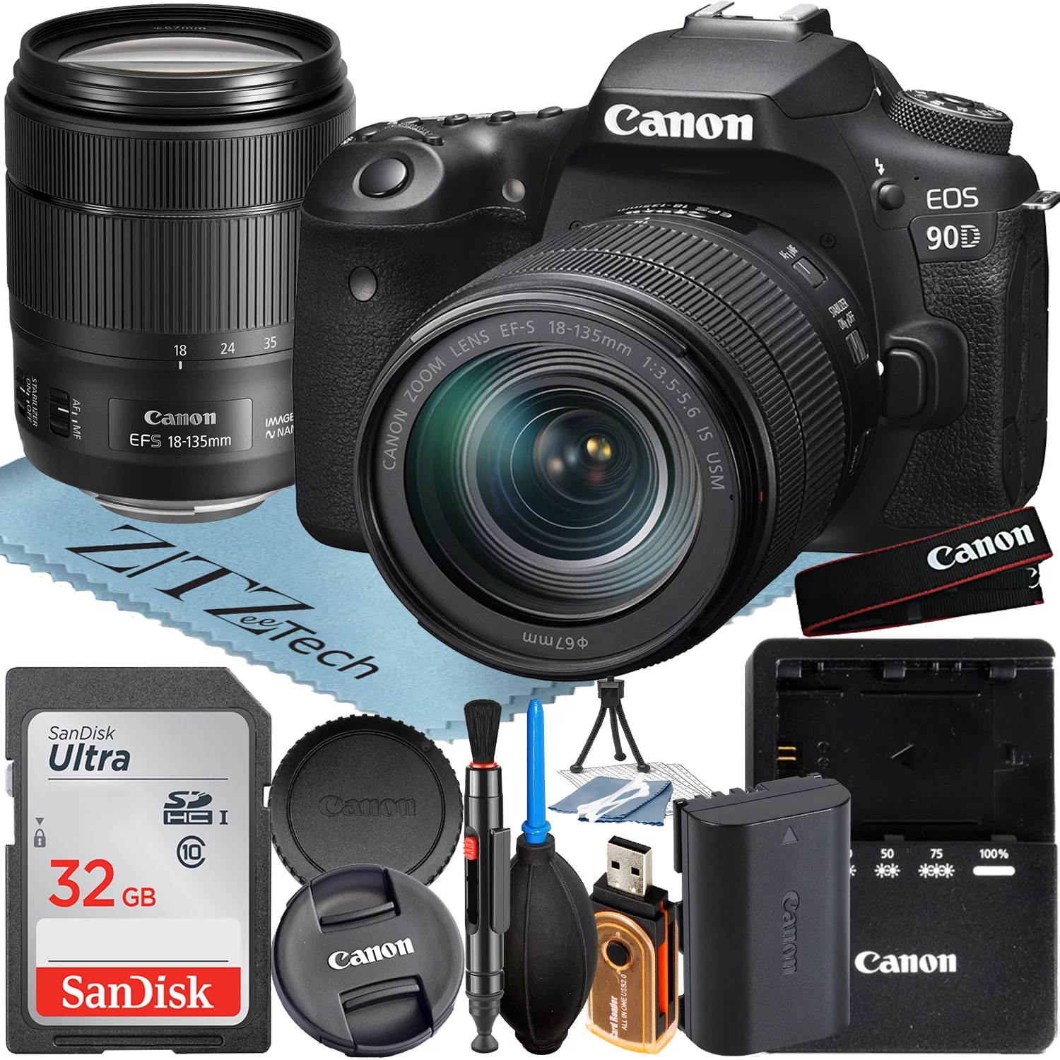 Canon EOS 90D DSLR Camera with 18-135mm IS USM Lens + SanDisk 32GB Memory Card + ZeeTech Accessory Bundle - Curated Treasures Market