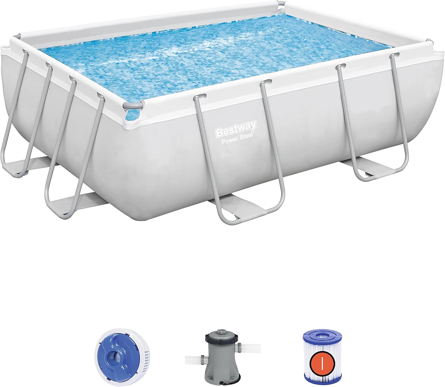 Bestway 56711E Power Steel 18' x 9' x 48 Outdoor Oval Frame Above Ground Swimming Pool Set with 1500 GPH Cartridge Filter Pump, Cover, & Ladder, Gray