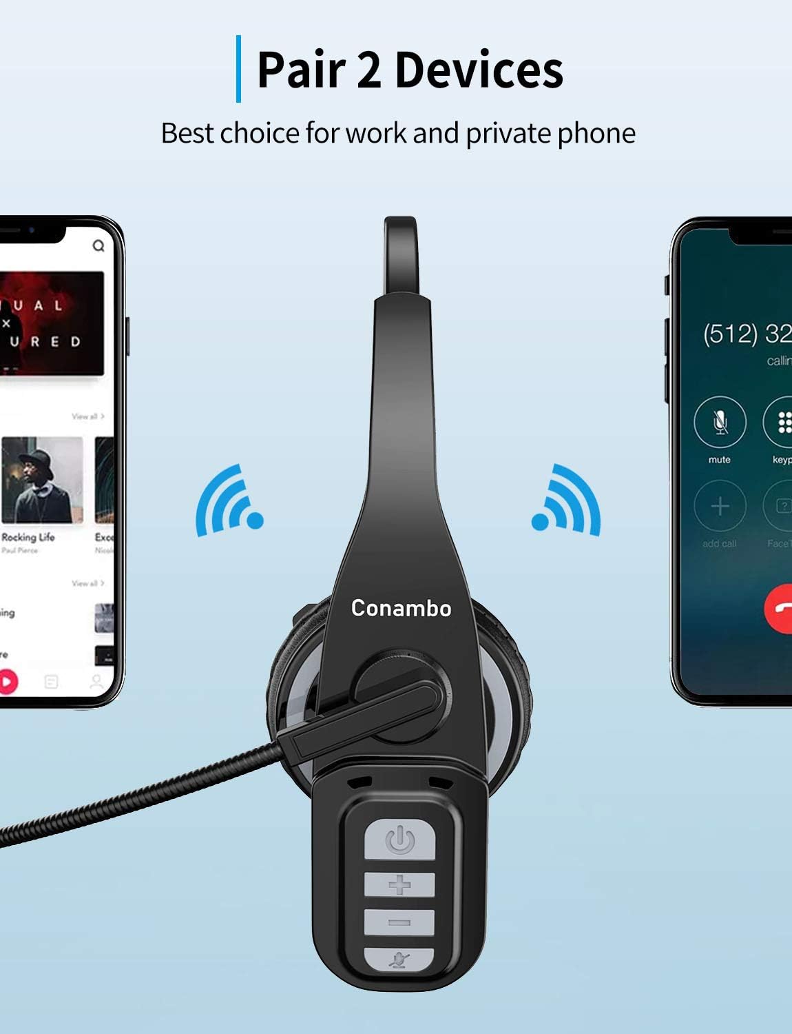 Trucker Bluetooth Headset 5.0 with Microphone Noise Cancelling Wireless Phone Headset 22Hrs Talktime Mute Button for Cell Phones Laptop Office Home
