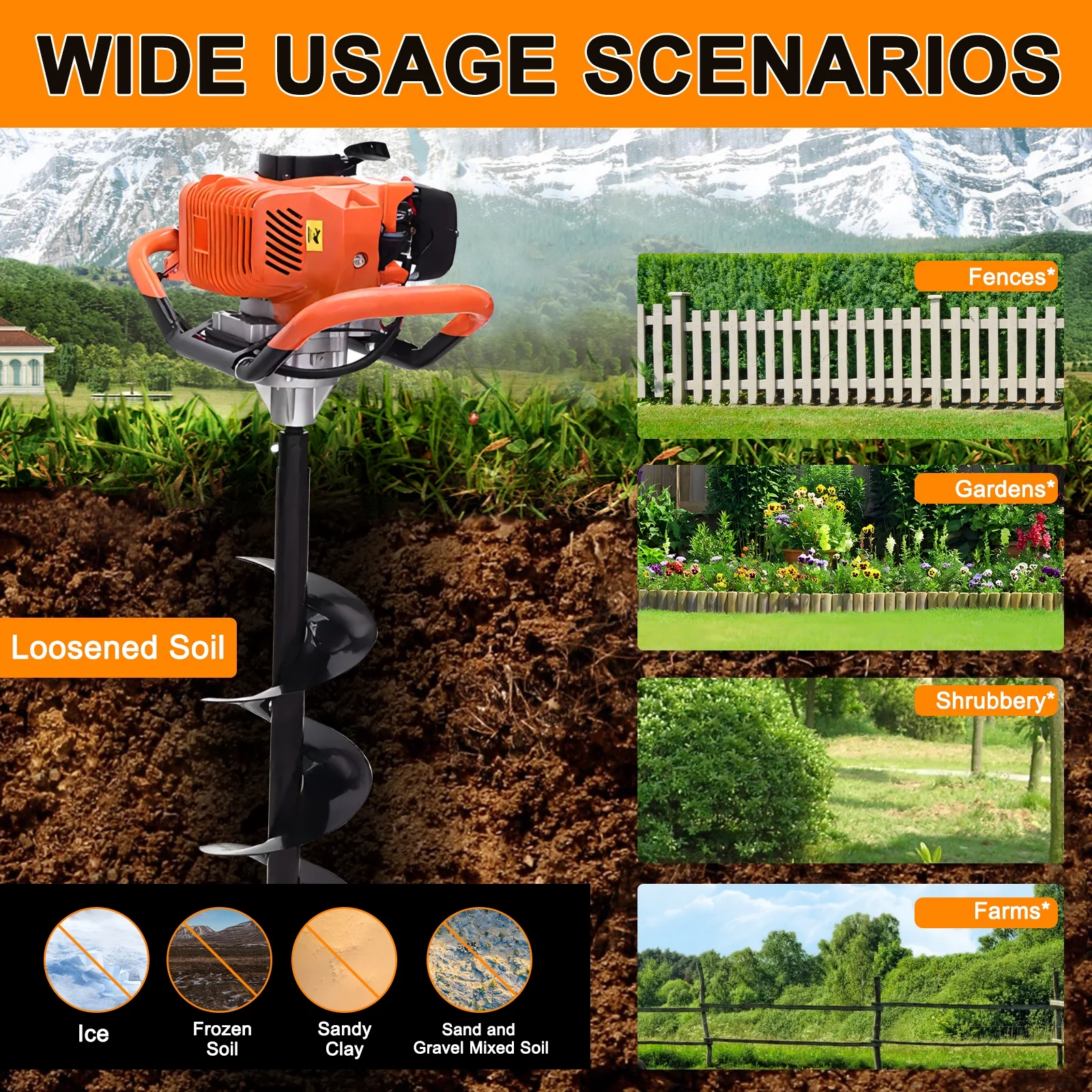 JSTUOKE 62cc 2100W Post Hole Digger 2 Stroke Petrol Gas Powered Earth Digger with 2 Auger Drill Bits ( 6" 10") + 2 Extension Rods for Farm Garden