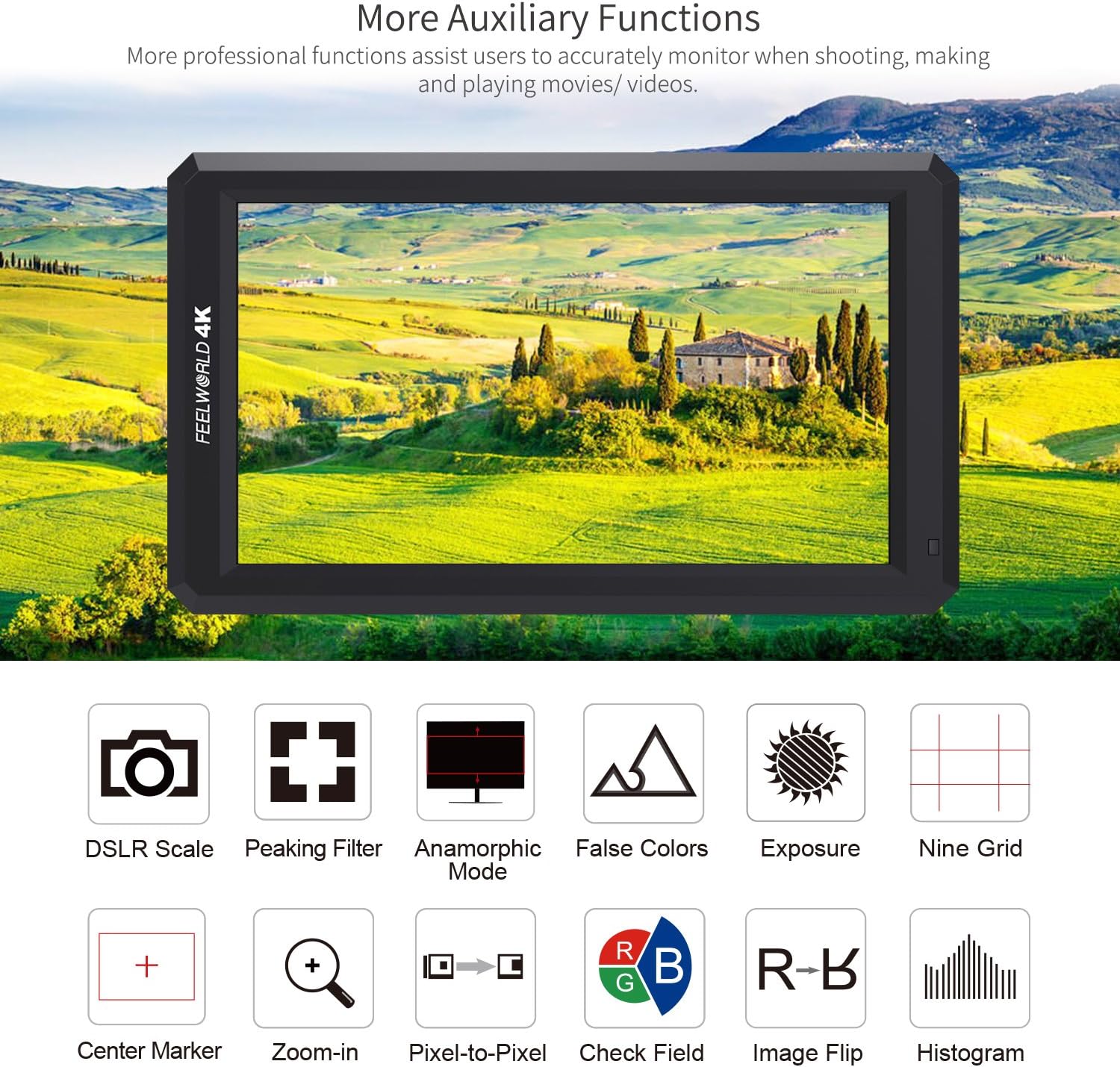 FEELWORLD F6+Battery+ Integrated Battery Charger + Micro&Mini HDMI Cords 5.7Inch FHD IPS On Camera 4K HDMI Monitor with Swivel Arm and 8V DC Power