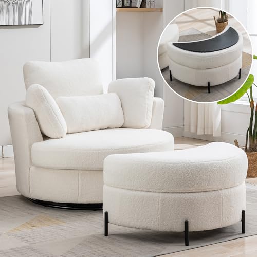 Aoiy & Wifon 42.2" W Oversized Swivel Barrel Chair with Ottoman, Upholstered Round Accent Chair with Storage Ottoman, Chenille, Beige