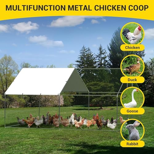 Heavy Duty Walk-in Chicken Coop, Large Metal Poultry Cage with Waterproof UV Cover & Round Top Design