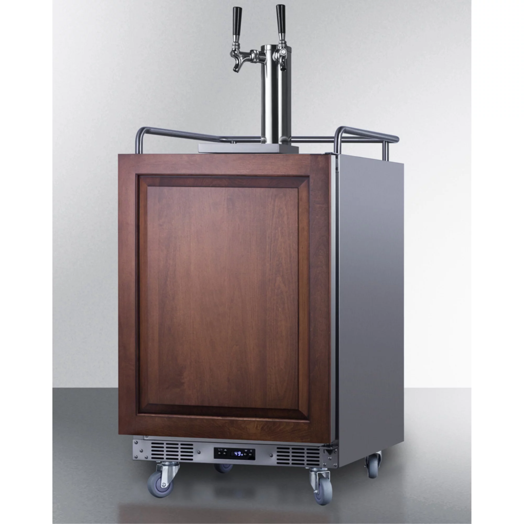 Built-in undercounter dual tap beer kegerator in complete stainless steel with panel-ready door