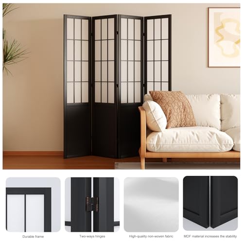Room Divider, 66.9Inch Tall Japanese Shoji Style Folding Wood Screen with Double Hinges for Home Office Bedroom Hotel Decoration (4Panels, Black)