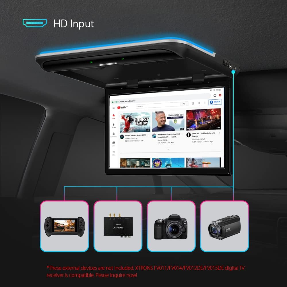 XTRONS Android Car Overhead Player 15.6 Inch Wide IPS Screen Car Roof Mount Monitor with Built-in Stereo Speakers Flip Down Overhead Car Monitor